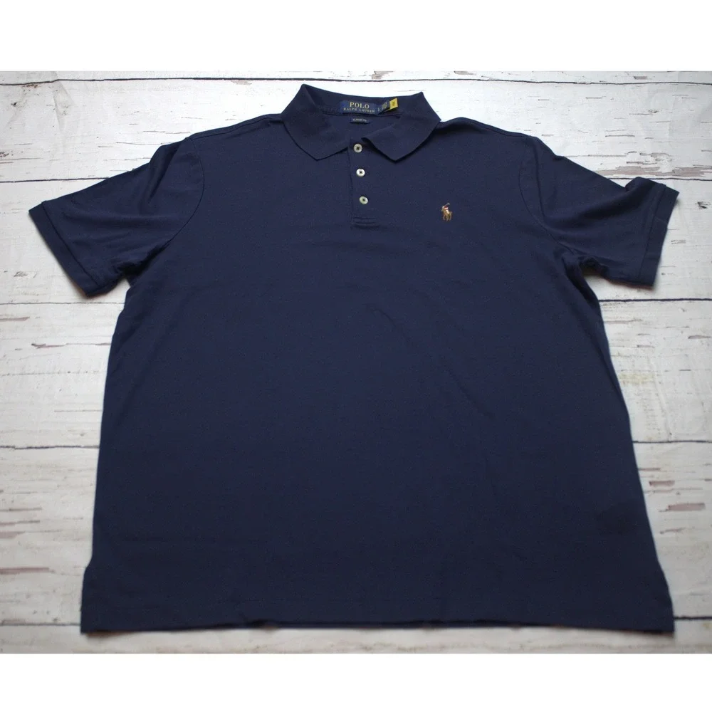 Polo Ralph Lauren Mens Classic Fit Navy Blue Cotton Interlock Polo Shirt Large